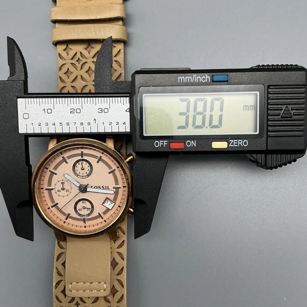 Fossil Womens Watch 38mm Rose Gold Tone Leather Chronograph Date New Battery